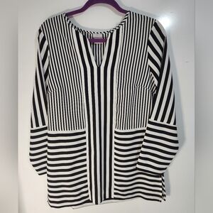 Chico's Black & White Striped V-Neck Blouse, Chicos Size 1